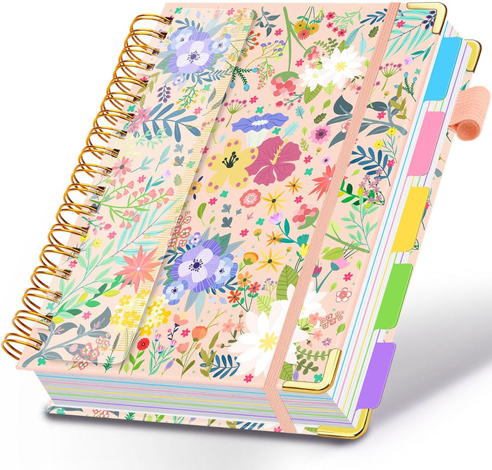 Spiral Journal Notebooks for Work, 300 Pages 5 Subject Notebook College Ruled with Dividers & Tabs, 8''x 10'' Large Notebook Journal for Women Students Note-Taking and Organizer (Purple Floral)