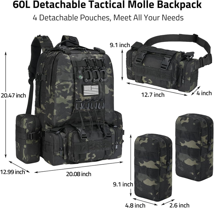 60L Tactical Backpack for Men, Large Military Backpack Army Assault Pack with D-Ring Molle Clips Compass Accessories, Bug Out Bag for Hiking Camping Hunting Detachable Rucksack, Black Camo