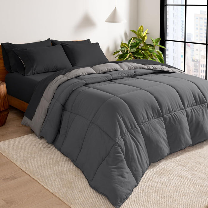 Bare Home Reversible Bed-in-A-Bag Comforter & Sheet Set - Queen - Down Alternative - Soft - Bedding Set (Queen, Light Grey/Grey)