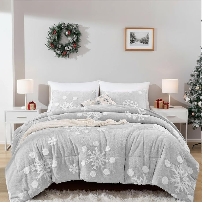 JANZAA Christmas Bedding Full Size Comforter Sets Velvet Pink Comforter Set with White Snowflake Stereoscopic 3 Pieces Full Size Bedding Sets Soft and Fluffy