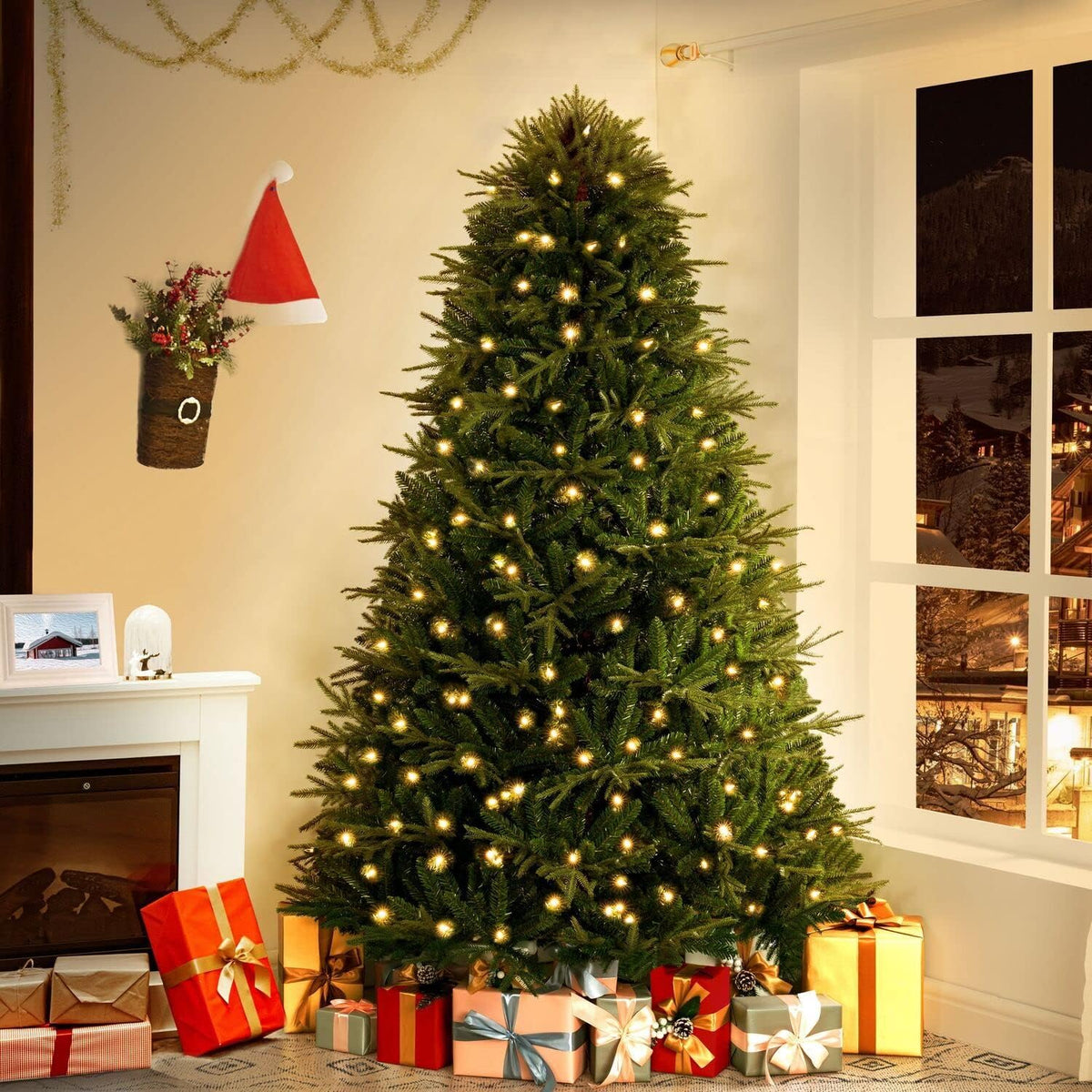 Camden 7.5ft Prelit Artificial Christmas Tree with Foot Pedal, 2755 Branch Tips, 600 Warm Lights and Metal Stand, 58" Wide Realistic Hinged Christmas Tree with Lights by Naomi Home