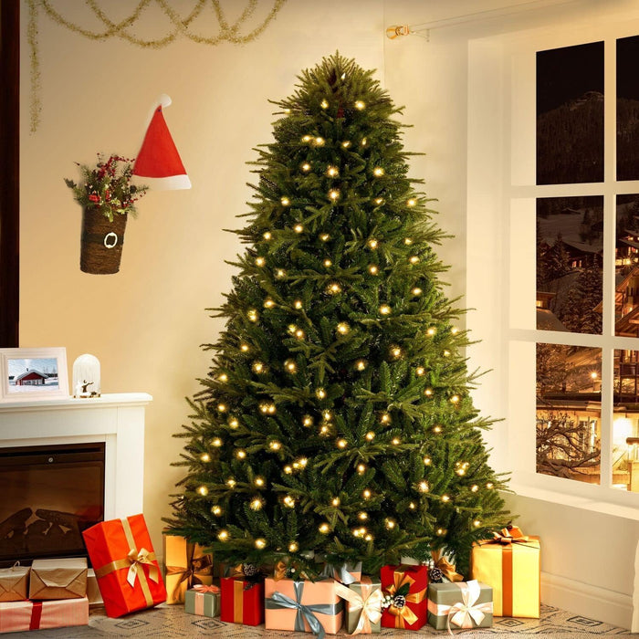 Camden 7.5ft Prelit Artificial Christmas Tree with Foot Pedal, 2755 Branch Tips, 600 Warm Lights and Metal Stand, 58" Wide Realistic Hinged Christmas Tree with Lights by Naomi Home