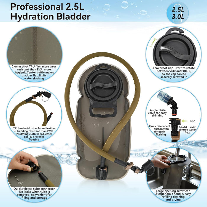 MARCHWAY Tactical Molle Hydration Pack with 2.5L TPU Water Bladder, Low-Profile Organized Military Backpack for Hiking, Cycling, Backpacking, Hunting, Running