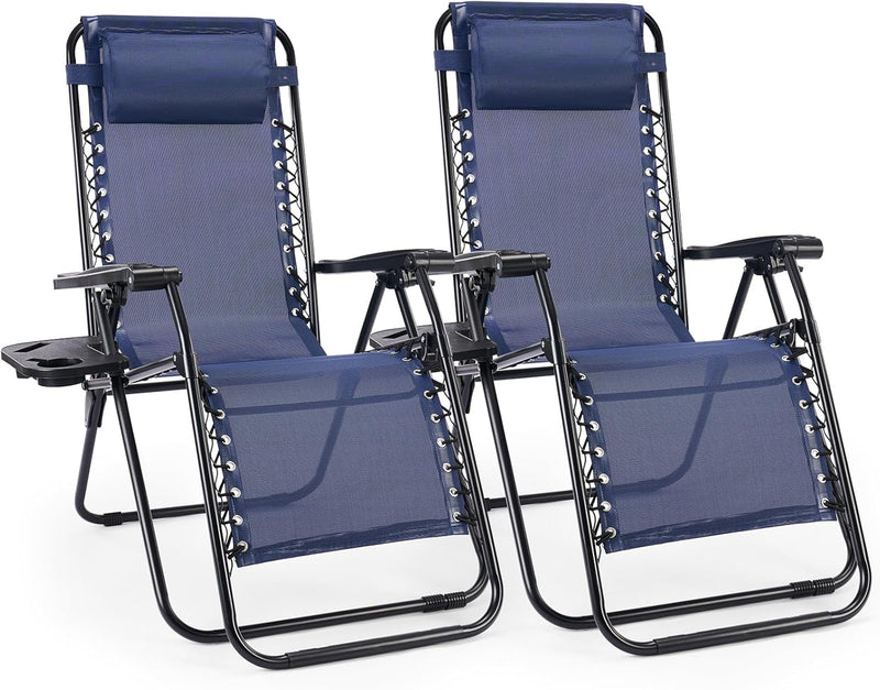 Sweetcrispy Zero Gravity Chairs, Set of 2 Portable Recliner Beach Camping Patio Outdoor Folding Lounge Chair with Cup Holder Trays and Adjustable Pillow for Poolside, Garden, Backyard, Lawn (Black)
