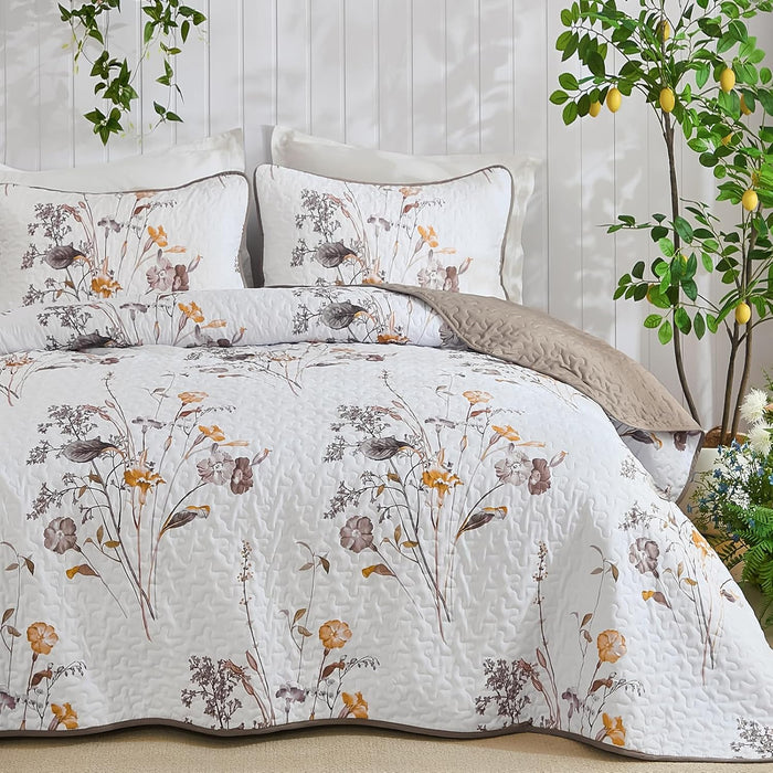 WONGS BEDDING 3 Pieces Quilt Set Queen Size, Purple Floral Botanical Plants Pattern Bedspread Coverlet Set with 2 Pillowcases, Soft Lightweight Microfiber Bedding Set for All Season(96"×90")