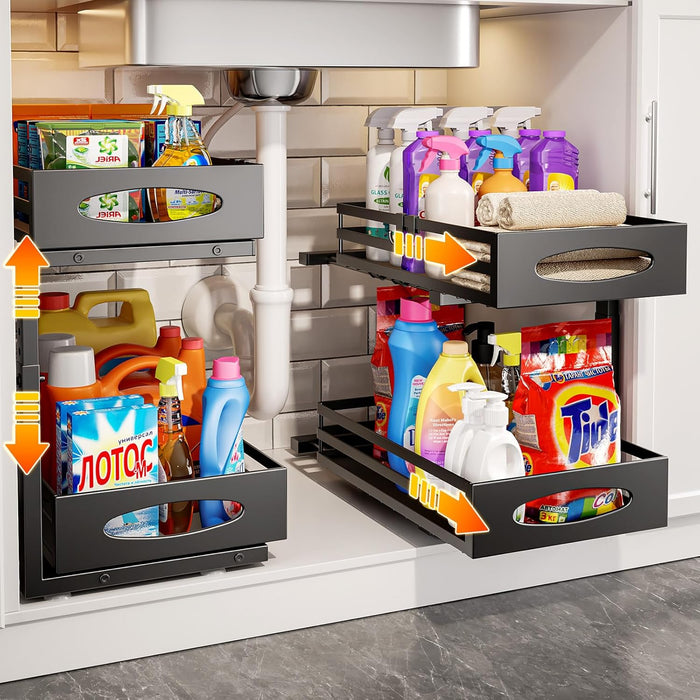 Under Sink Organizer, 2 Tier Under Sink Organizers and Storage, Adjustable Height, Slide Out Metal Cabinet Organizers, Pull Out Cabinet Storage Drawer Shelf for Kitchen Bathroom Gray, 2 Pack
