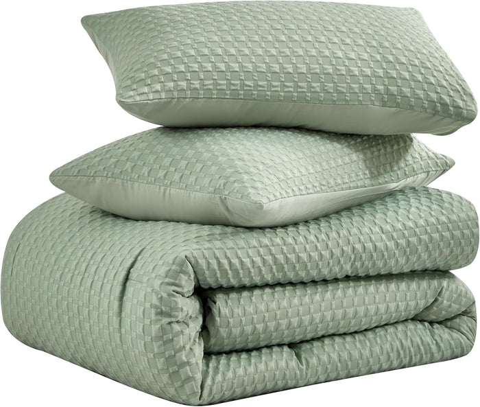 3-Piece Comforter Set – Checkered Seersucker comforters Quilt Set with Microfiber Fill – Includes 1 Comforter & 2 Pillowcases – Lightweight, Soft & Wrinkle-Resistant (Green, King)