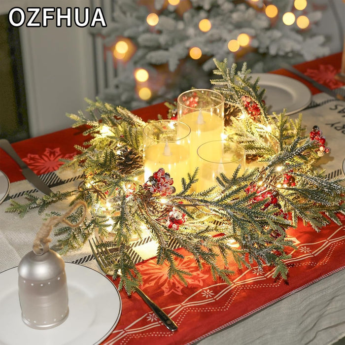 6 FT Christmas Garland with Lights - Pre-Lit Artificial Christmas Garland, Flocked Garland with Red Berries Pine Cones for Decoration, Mantle Stairs Railing Home Xmas Decoration Indoor
