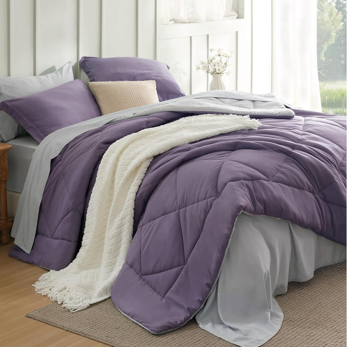 Bedsure King Size Comforter Set - 7 Pieces Reversible Grayish Purple Bedding, King Size Bed Set for All Seasons, Bed in a Bag with Down Alternative Comforter, Sheets, Pillowcases & Shams