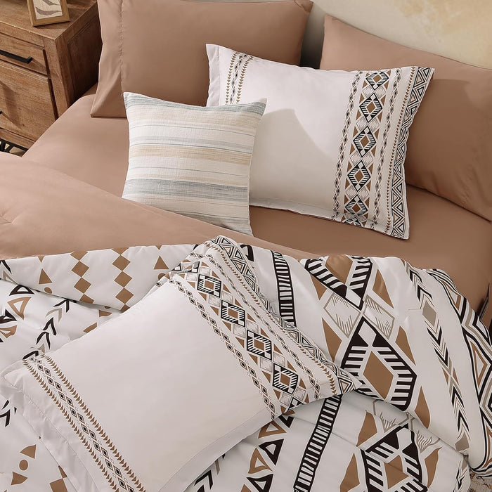 CASAAGUSTO King Size Comforter Set, 7 PCS Boho Comforter King Size, Bohemian Striped Bed in A Bag King, Soft Bedding Set for All Seasons(Brown,102"X90")