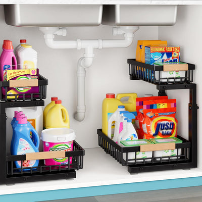 Under Sink Organizers and Storage,2 Packs 2 Tier Sliding Pull Out Cabinet Storage Shelf, Metal Drawer for Kitchen Bathroom Cabinet, Under Sink Organizer Organization Rack, Rust-Resistant Black