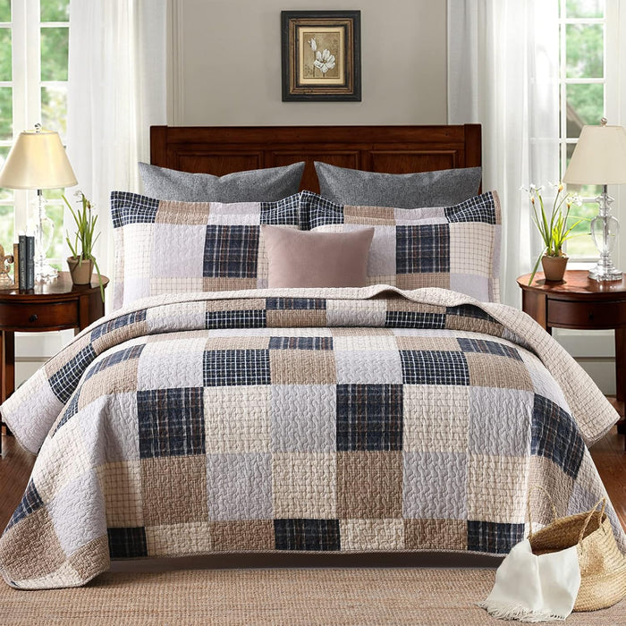 PANGUSHAN 100% Cotton Quilt Set King Size, Patchwork King Quilt Bedding Set Bedspreads, Farmhouse Lightweight Comforter Reversible Quilt, White/Brown/Grey Bed Spread for All Season, 3 Pieces
