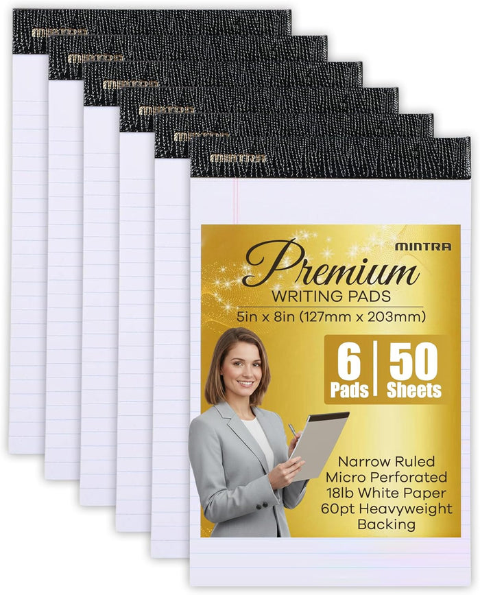 Mintra Office Legal Writing Pads – White Narrow Ruled Paper for Writing & Note-Taking – Ideal Notepads for Business, College, School & Office Use – 8.5" x 11" (6 Pack)