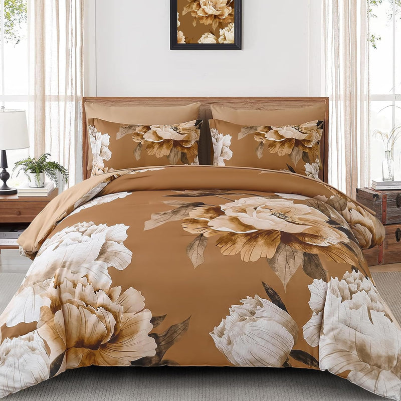 Dobuyly Pink and Grey Comforter Set Queen Size 7 Piece Bed in a Bag, Floral Printed on Gray Comforter Set with Sheets, Soft Microfiber Botanical Complete Bedding Set for All Season