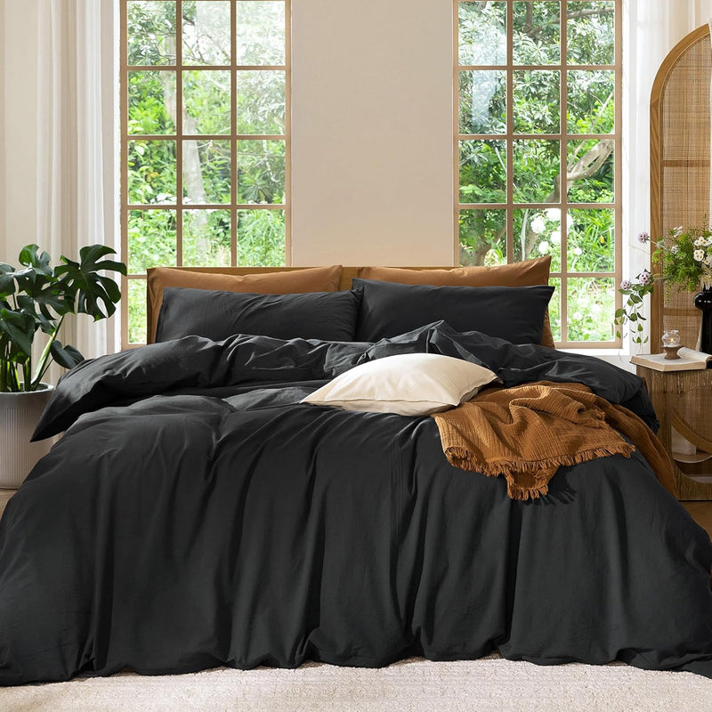 MooMee Bedding Duvet Cover Set 100% Washed Cotton Linen Like Textured Breathable Durable Soft Comfy (Heathered Mauve Brown, Palatial King/Oversized King 120"x98")