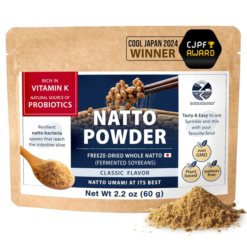 sonomono Japanese Natto Mild Flavor, Fermented Soybean Powder. Traditional superfood, Freeze-Dried, Non-GMO, Vegan. Natural Source of Probiotics, Prebiotics, Vitamin K. Made in Japan, 60 g