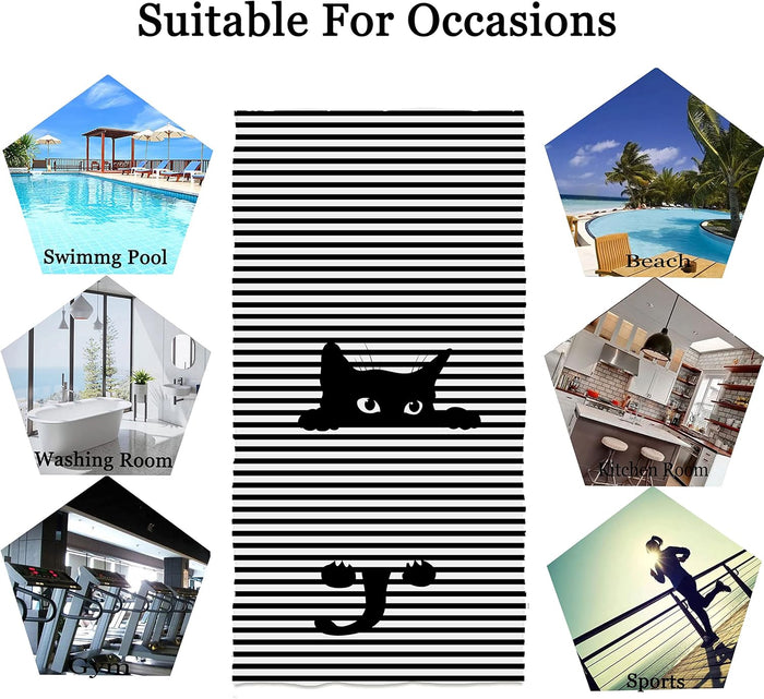 Lovey Black Cat Hand Towels 13.6 X 29' Black White Striped Bath Towels Lovely Animal Dish Towels for Household Daily Use | Home Decoration | Carry-On Hotel Gym Spa