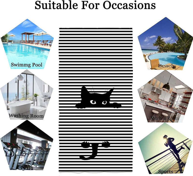 Lovey Black Cat Hand Towels 13.6 X 29' Black White Striped Bath Towels Lovely Animal Dish Towels for Household Daily Use | Home Decoration | Carry-On Hotel Gym Spa