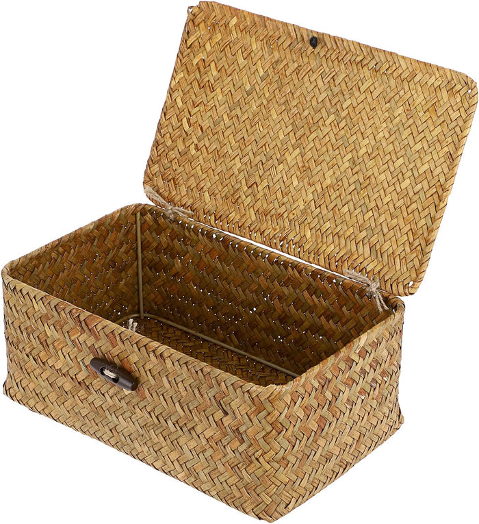 Hipiwe Wicker Shelf Baskets Bin with Lid, Handwoven Seagrass Basket Storage Bins Rectangular Household Basket Boxes for Shelf Wardrobe Home Organizer, Caramel Medium