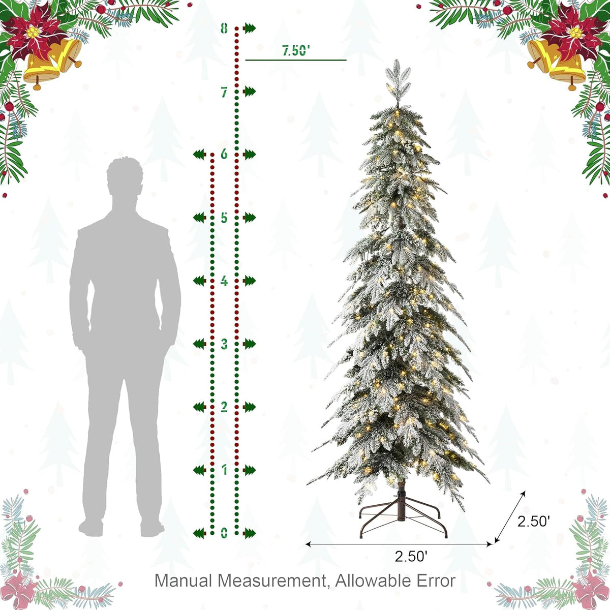 Glitzhome 7.5ft Artificial Christmas Tree, Pre-Lit Flocked Pencil Christmas Tree Chicago Frostwood Spruce with 350 Warm White Lights Home, Office, Holiday Decoration