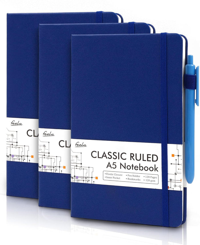 feela 3 Pack Notebooks Journals Bulk with 3 Black Pens, A5 Hardcover Notebook Classic Ruled Lined Journal Set with Pen Holder for Work Business Journaling Note Taking, 120 GSM, 5.1”x8.3”, Gray