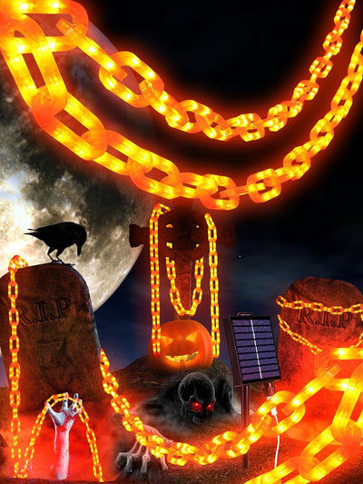 Solar Halloween Decorations Outdoor String Lights - 10 Ft 160 LED Plastic Chain String Lights with Waterproof, 8 Lighting Modes and Timer Function (Orange) US Patent Product
