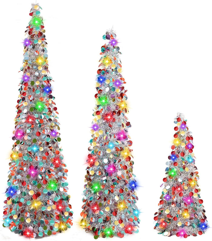MACTING Christmas Pop up Tree with 50 LED Lights Timer 5FT Silver Collapsible Tinsel Pencil Tree Easy-Assembly Coastal Glitter Artificial Tree for Porch Apartment Corner Home Party Xmas Decorations