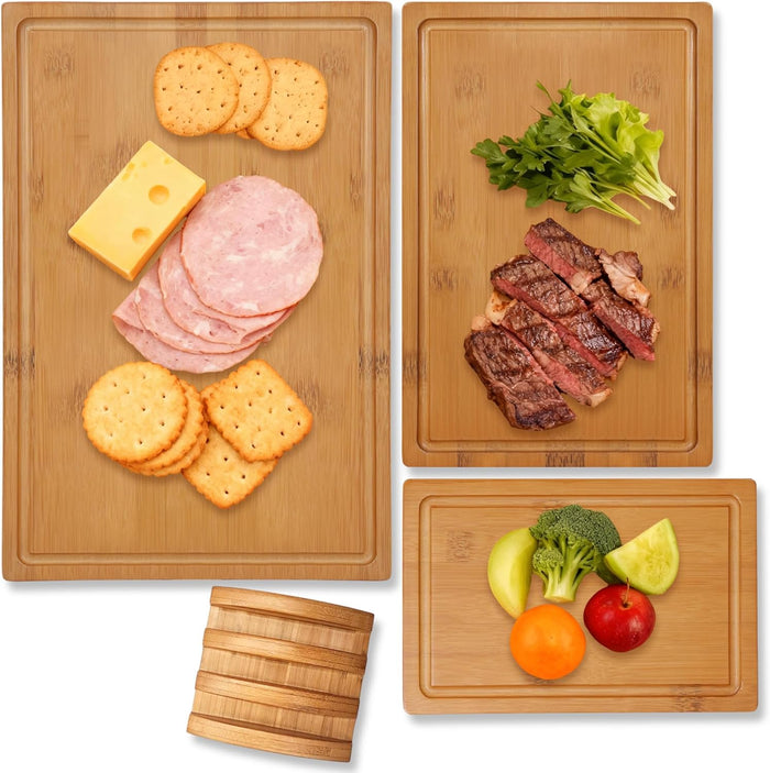 VietNam Bamboo Cutting Board Set – 3 Boards with Holder & Non-Slip Feet, Smooth Finish, No Oiling Needed, Handmade in Vietnam – Charcuterie & Prep Board for Kitchen (Set of 3 (S+M+L))