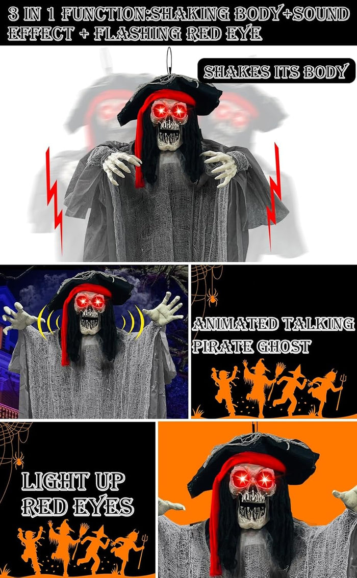 [ Sound Activated & Large ] 70 Inch Halloween Animatronic Hanging Talking Pirate Ghost Decoration Light up Eyes Shake Life Size Skull Skeleton Halloween Decor Outdoor Haunted House Prop Yard Party