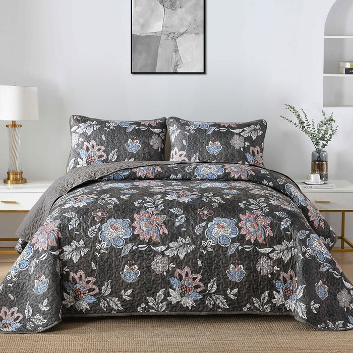 WONGS BEDDING Floral Quilt Set King Size, Grey Botanical King Bedspread Bedding Sets Soft Lightweight Microfiber Flower Gray Coverlet Set 3 Pieces for All Season (104"x90")