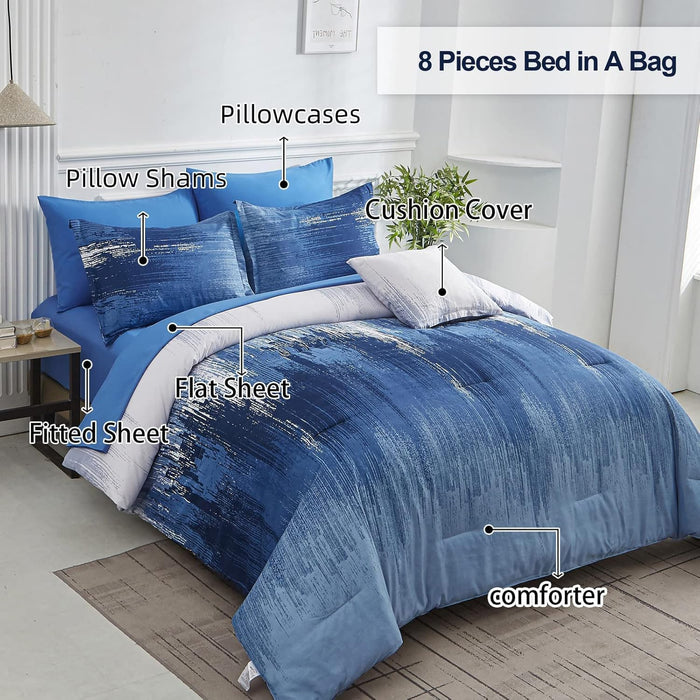 Ombre Blue Comforter Set King Size Reversible Gradient Blue Grey Boho Bedding Set for Men Women 8 Pieces Bed in A Bag Bohemian Bed Set With Comforter, Sheets, Pillowcases & Shams, Cushion Cover