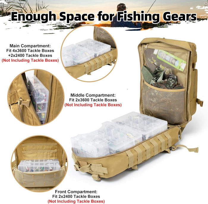 45l Large Fishing Tackle Backpack with Removable Plier Holder & Rod Holders, Khaki Tactical Bag, Fishing Gear and Tackle Box Organizer, Hiking Rucksack without Tackle Box
