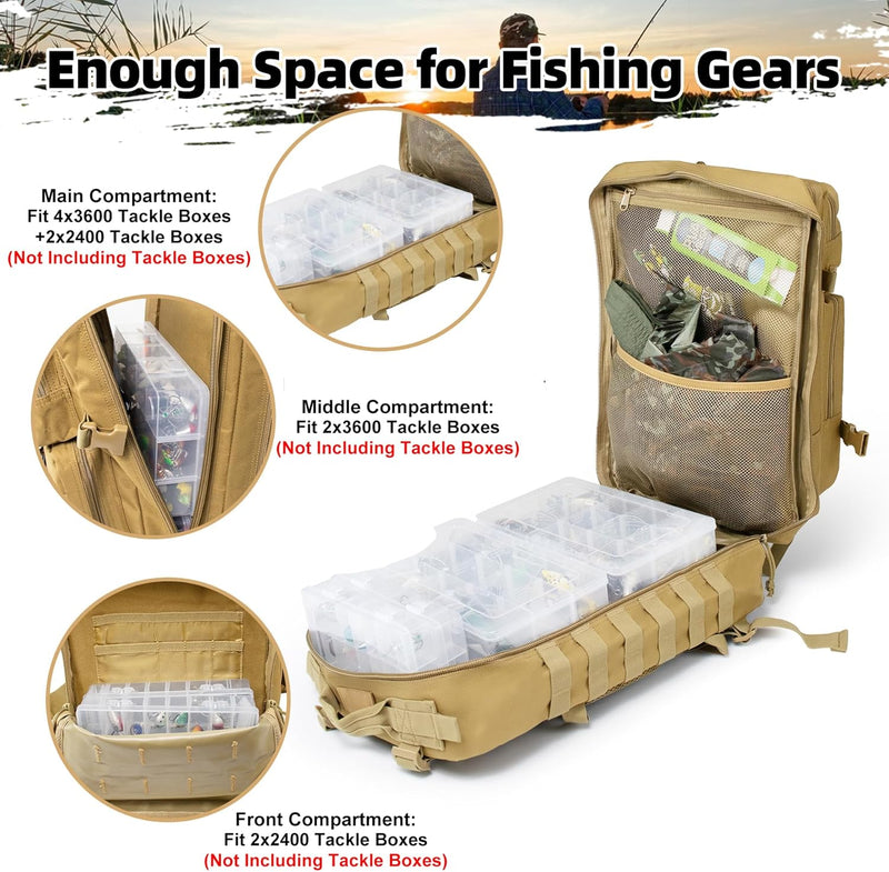 45l Large Fishing Tackle Backpack with Removable Plier Holder & Rod Holders, Khaki Tactical Bag, Fishing Gear and Tackle Box Organizer, Hiking Rucksack without Tackle Box