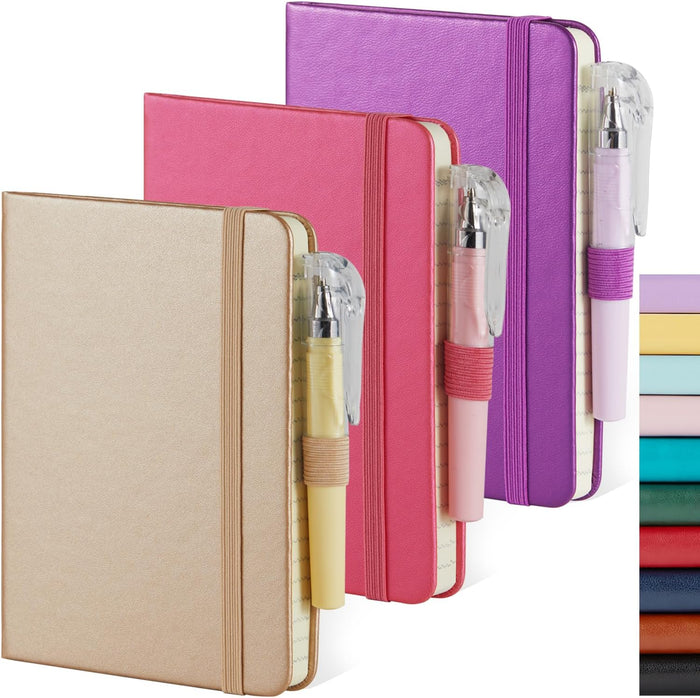 (3 Pack) Pocket Notebook Journal, Hardcover Small Mini Notebooks with Pens for Work, 3.7" x 5.7" A6 Notebook College Ruled with 100Gsm Premium Thick Lined Paper, Black Leather