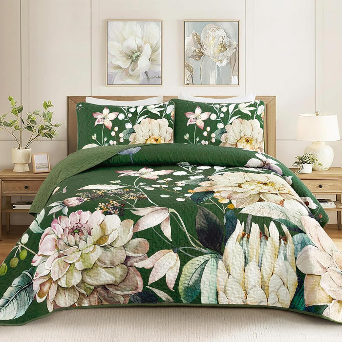 Floral Quilt Set King 3 Pieces Grey Floral Quilt Coverlet Set Soft Microfiber Lightweight White Quilted Bedspread for All Season 104"x90"