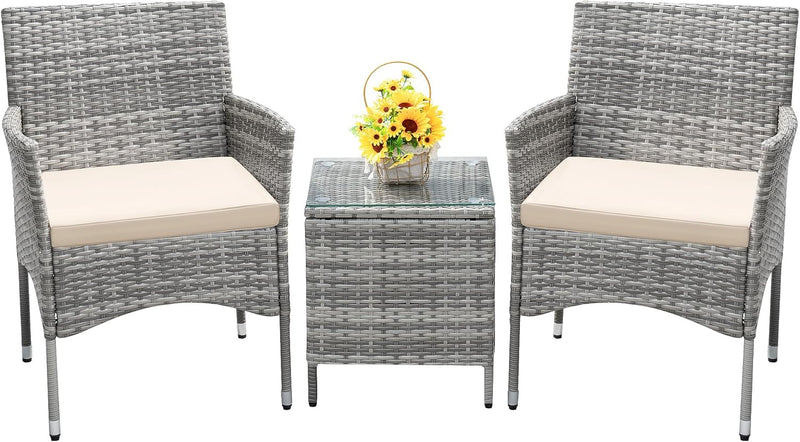 Devoko Patio Porch Furniture Sets 3 Pieces PE Rattan Wicker Chairs with Table Outdoor Garden Furniture Sets (Brown/Beige)