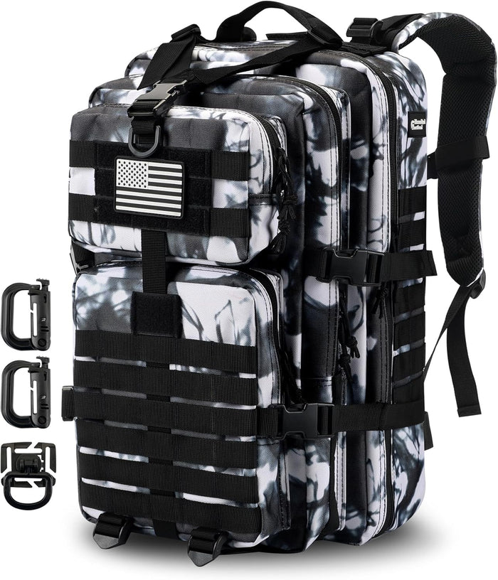 MOLLE Assault Backpack, Tactical Backpack Military Army Camping Rucksack, 3-Day Pack Trip w/USA Flag Patch, D-Rings, Black