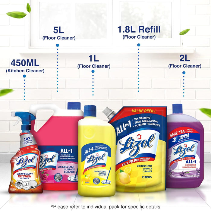 Lizol Disinfectant Surface & Floor Cleaner Liquid, Citrus - 1 Litre | Suitable for All Floor Cleaner Mops | Kills 99.9% Germs| India's #1 Floor Cleaner