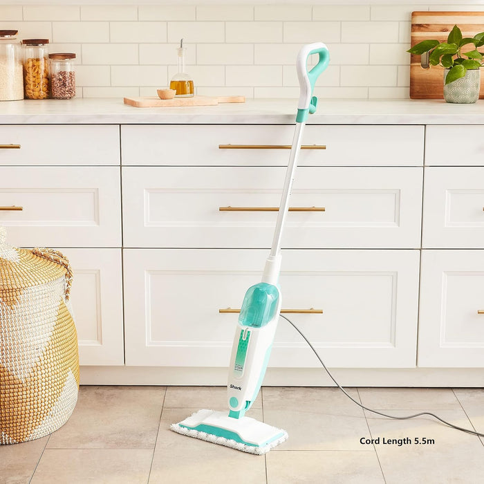 Shark Steam Mop with 2 Machine Washable Dirt Grip Pads, Removable Water Tank, Lightweight, Steam Cleaner for sealed Hard Floors, Marble, Stone, Hardwood, Tile, Laminate, White/Seafoam, S1000