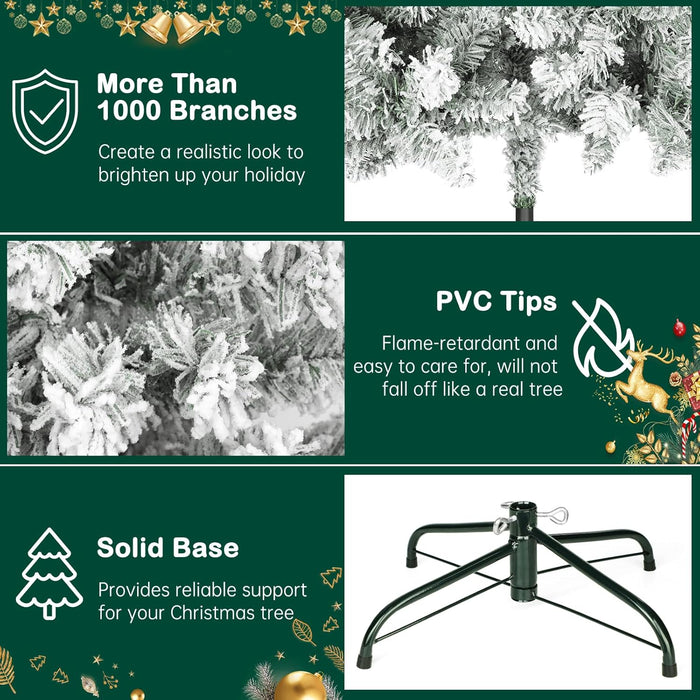 6 FT Snow Flocked Artificial Christmas Tree, Full Xmas Tree with 1000 Automatically Expanding Branch Tips, Foldable Metal Stand and Hinged Branches, Holiday Decoration for Home, Party, White