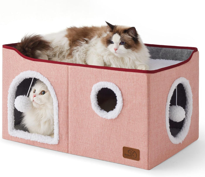 Bedsure Cat Beds for Indoor Cats - Large Cat Cave for Pet Cat House with Fluffy Ball Hanging and Scratch Pad, Foldable Cat Hideaway, 16.5x16.5x13 inches, Grey