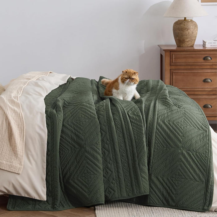 Bedsure Boho Quilt Queen Size - Lightweight Bedspread Queen Size with Geometric Stitched Pattern, Olive Green Farmhouse Soft Bedding Set Coverlet with 2 Pillow Shams for All Seasons, 90x96 inches