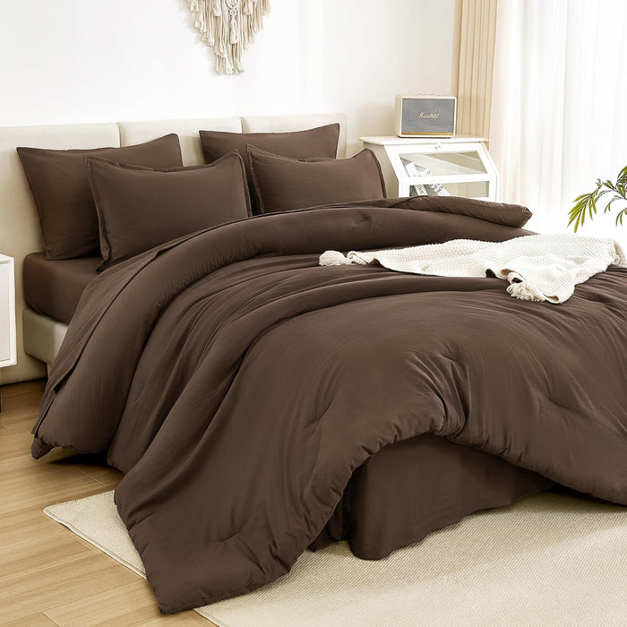 Litanika Comforters Queen Size Set Oatmeal - 7 Pieces Bed in a Bag Queen Bedding Comforter Sets, Plain Lightweight Bed Set with Comforter, Sheets, Pillowcases & Shams
