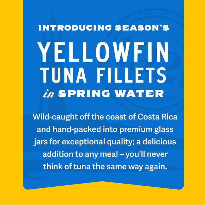 Season Yellowfin Tuna Fillets in Spring Water - Wild Caught, Hand-Packed in Glass Jars, 16g of Protein per Serving, Premium Quality - 6.7 Oz (Pack of 6)