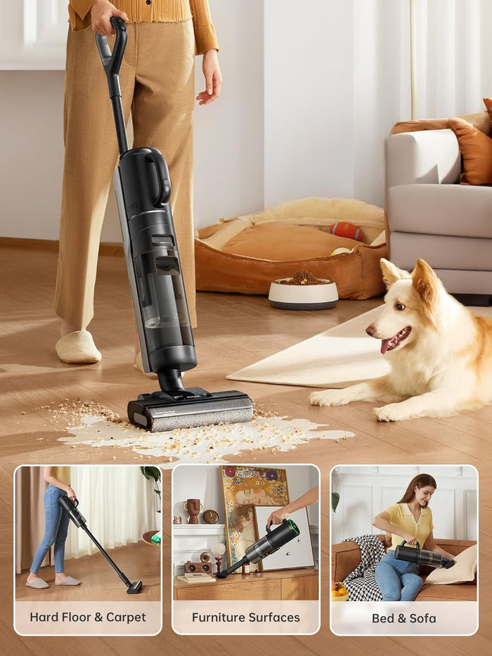 DREAME H12 Dual Smart Wet Dry Vacuum Cleaner, Floor Cleaner Mop Combo 4-in-1 Cordless Vacuum for Multi-Surface, One-Step Self Cleaning with Hot Air Drying, Black
