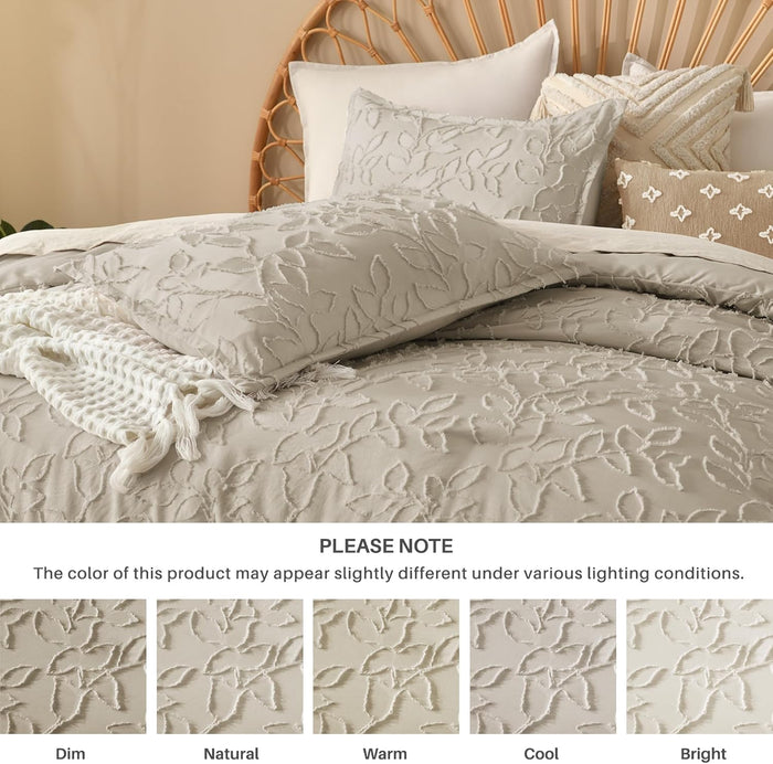 Litanika King Size Comforter Set Oatmeal, 3 Piece Khaki Boho Tufted Bedding, Beige Fluffy Farmhouse Bed Set for All Season with 2 Leaf Pattern Pillowcases（104x90In）
