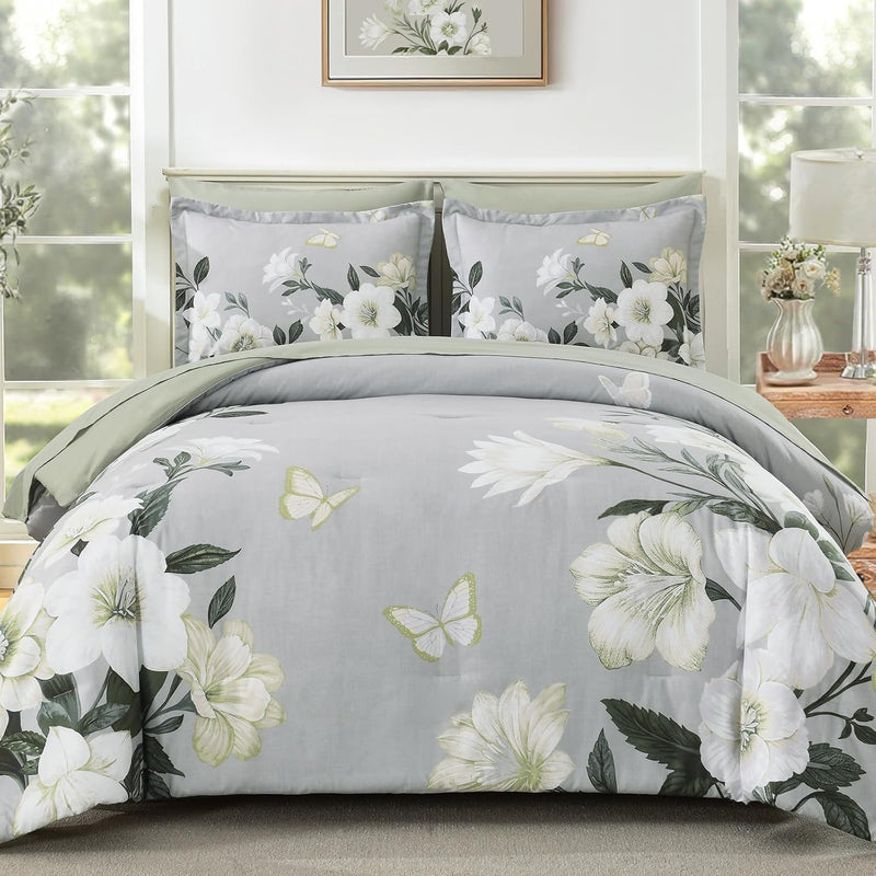 Floral Comforter Set Queen Size, 7 Pieces Burgundy Bed in a Bag, Elegant Floral Butterfly Comforter and Sheet Set, Soft Microfiber Bedding Set for All Seasons(Burgundy,90"x90")