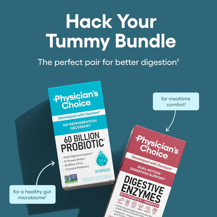Physician's CHOICE Advanced Gut Health Bundle: 60 Billion Probiotics 30ct + Digestive Enzymes 60ct for Digestive, Gut, and Immune Health Supports Occasional Constipation, Diarrhea, Gas, and Bloating