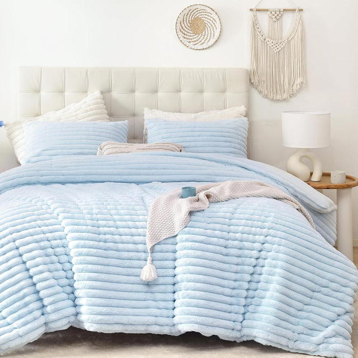 Smoofy Fluffy Queen Comforter Set 3 Pieces - Cream White Fleece Fluffy Comforter Set, Luxury Fuzzy Queen Bedding Set, Soft Warm Bed Set All Season, Heavy Faux Fur Comforter with 2 Pillow Cases