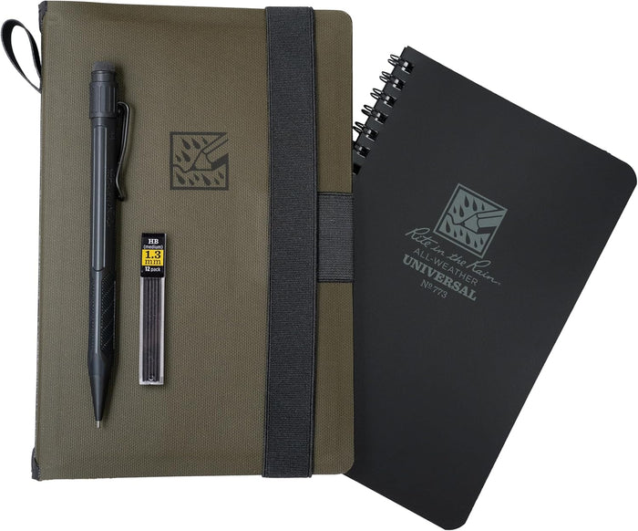 Rite in the Rain Weatherproof Side Spiral Kit: TPU Fabric Cover, 4.625" x 7" Black Notebook, and Tough Mechanical Pencil (No. M973-KIT)